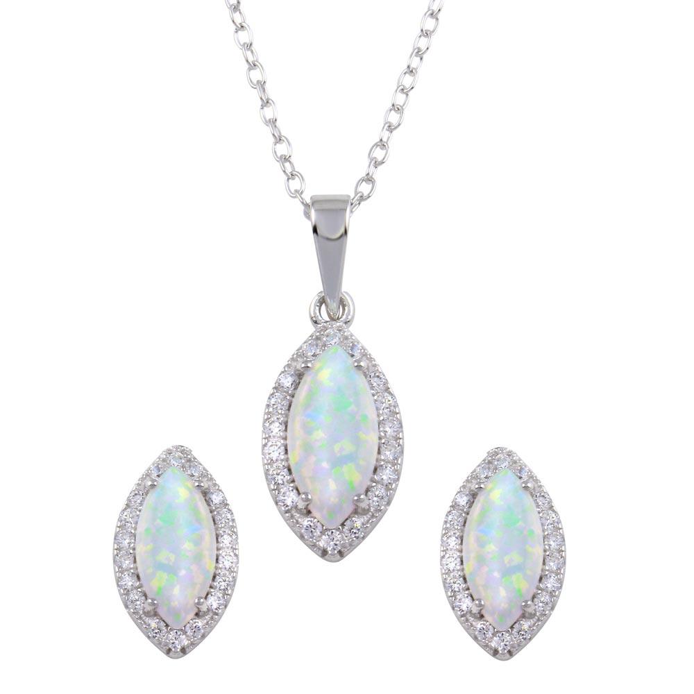 Rhodium Plated 925 Sterling Silver Synthetic Opal Center Marquise Shape CZ Set - BGS00588