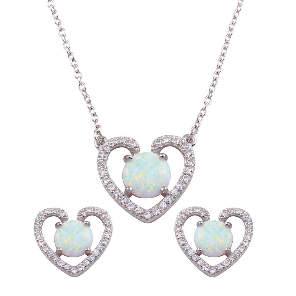 Rhodium Plated 925 Sterling Silver Synthetic Opal Open Heart CZ Set - BGS00589