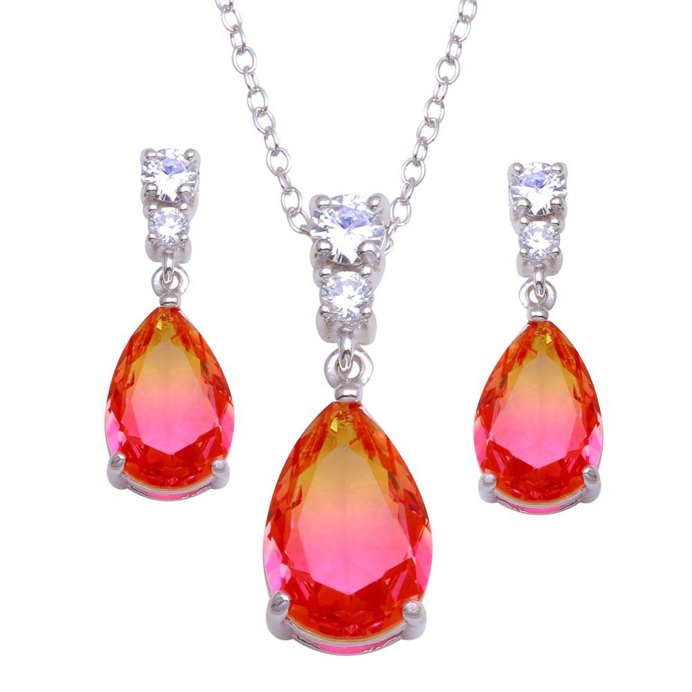 Rhodium Plated 925 Sterling Silver Teardrop Gradient Pink Orange CZ Set - BGS00590