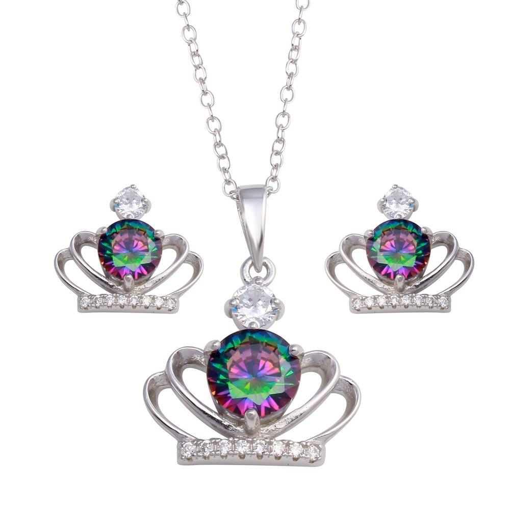 Rhodium Plated 925 Sterling Silver Crown Synthetic Mystic Topaz CZ Set - BGS00591