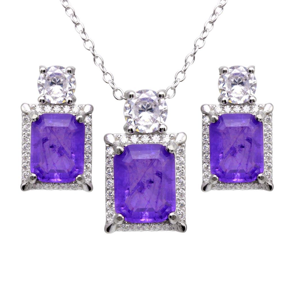 Rhodium Plated 925 Sterling Silver Rectangle Purple Halo CZ Set - BGS00595