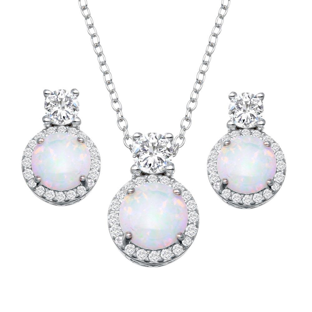 Rhodium Plated 925 Sterling Silver Round Synthetic Opal  Halo Set with CZ - BGS00596