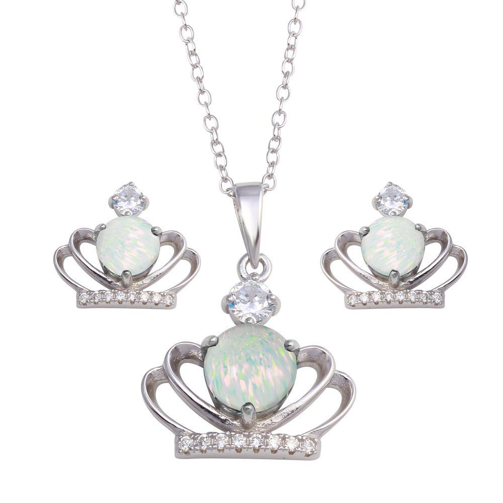 Rhodium Plated 925 Sterling Silver Crown Synthetic Opal CZ Set - BGS00599