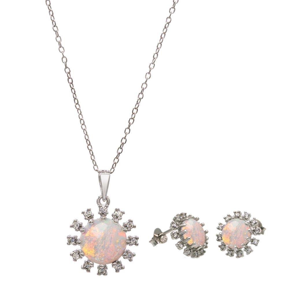 Rhodium Plated 925 Sterling Silver Flower Synthetic Opal Halo Set with CZ - BGS00602