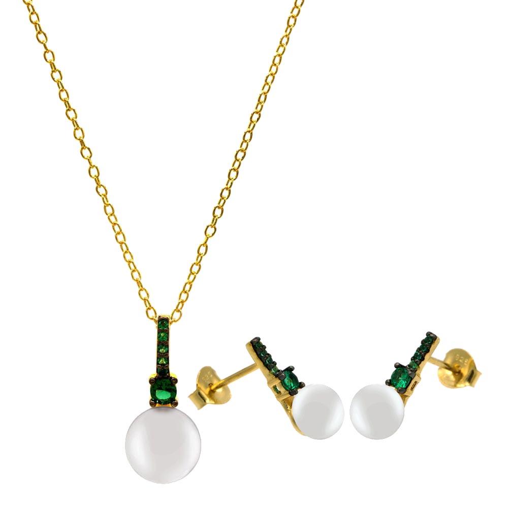 Gold Plated 925 Sterling Silver Synthetic Mother of Pearl Set with Green CZ - BGS00603