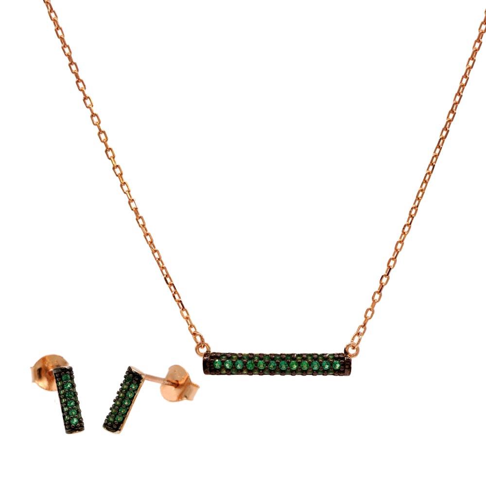 Rose Gold Plated 925 Sterling Silver Bar Necklace and Earring Set with Green CZ Stones- BGS00604