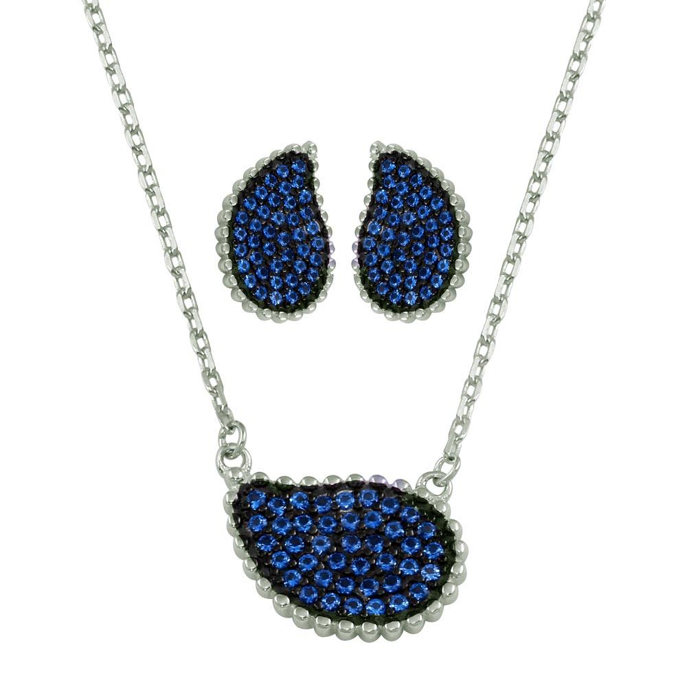 Rhodium Plated 925 Sterling Silver Blue CZ Encrusted Teardrop Set - BGS00605BLU