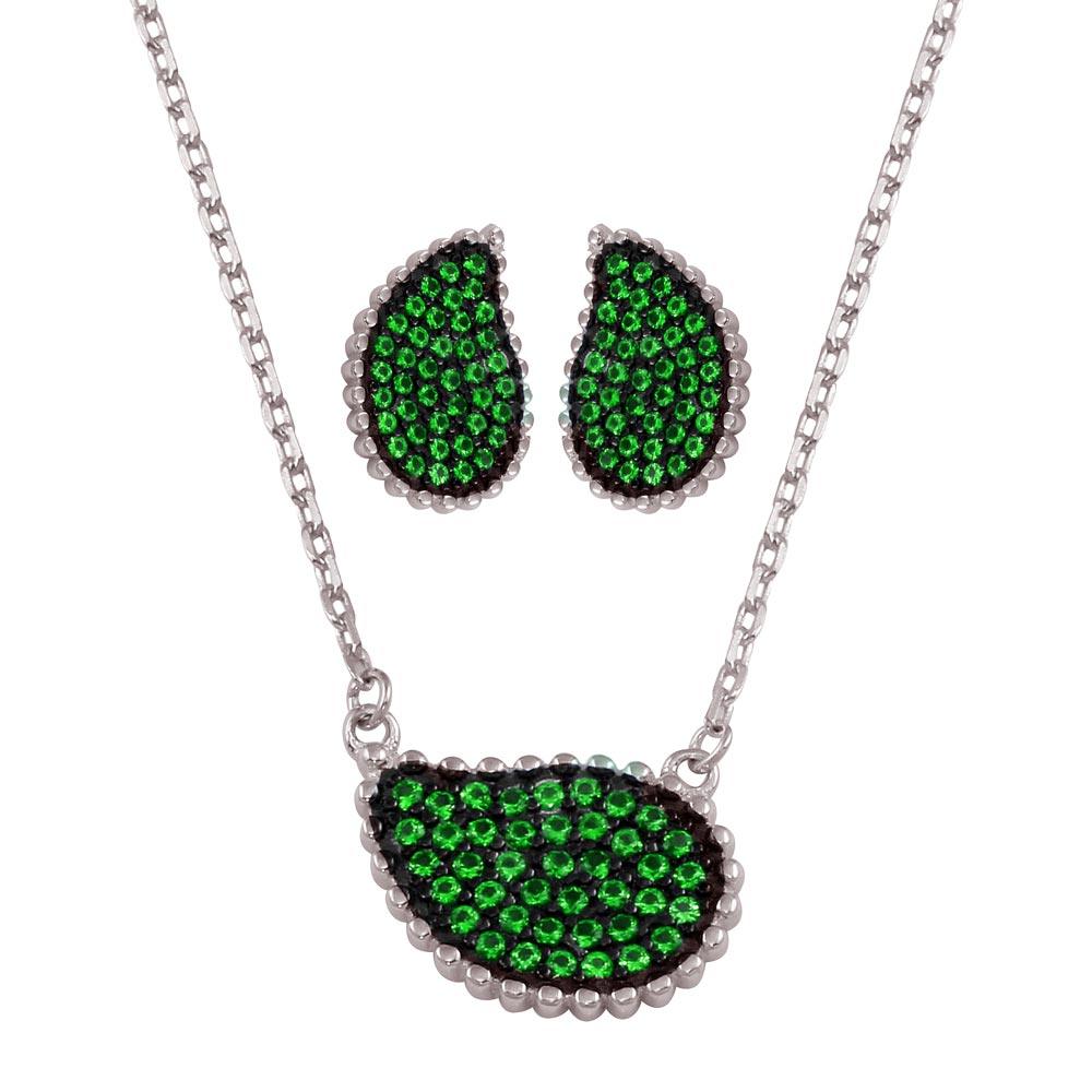 Rhodium Plated 925 Sterling Silver Green CZ Encrusted Teardrop Set - BGS00605GRN