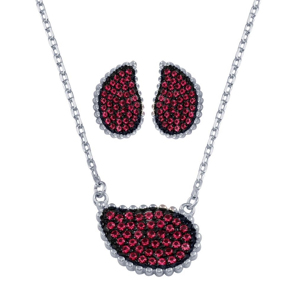 Rhodium Plated 925 Sterling Silver Red CZ Encrusted Teardrop Set - BGS00605RED