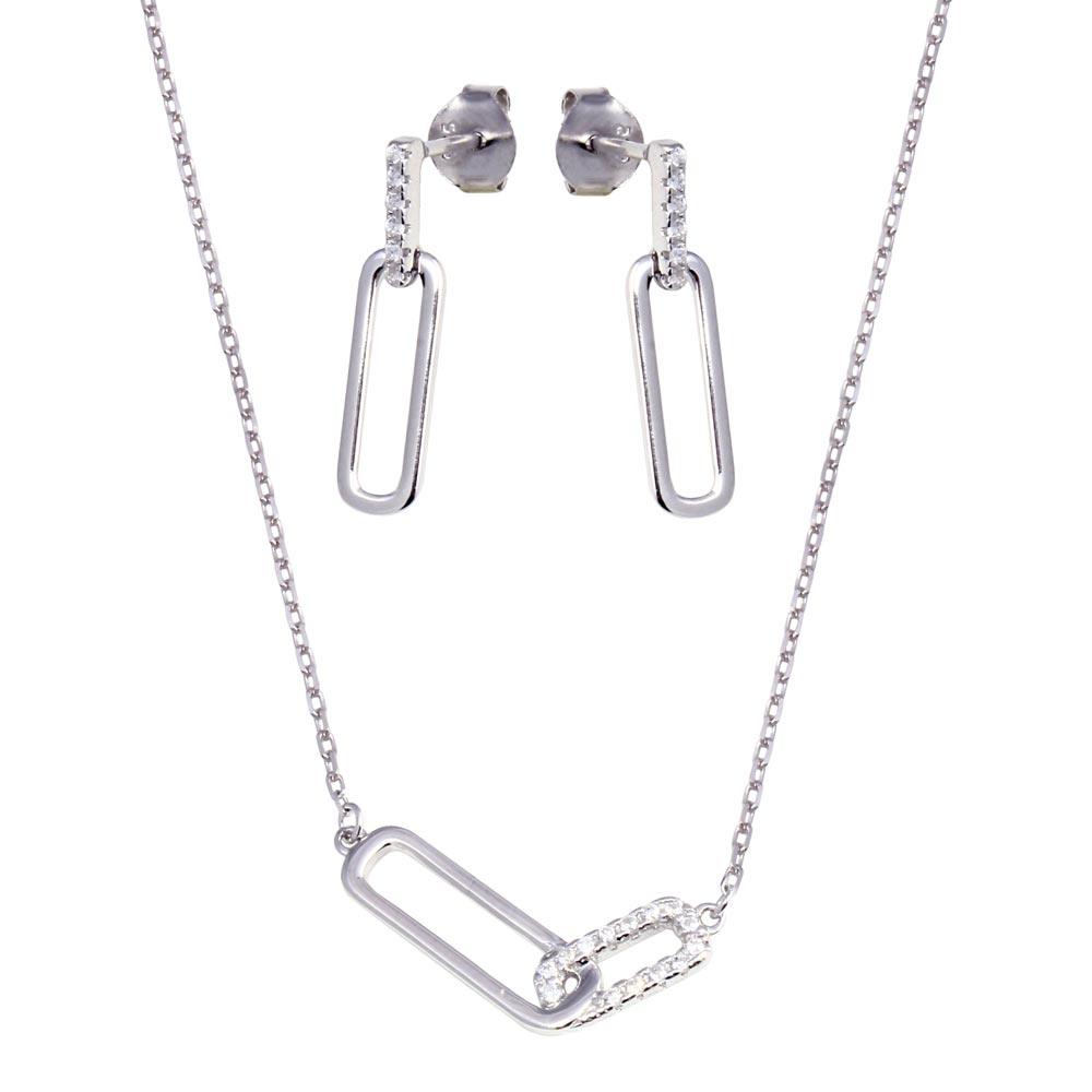 Rhodium Plated 925 Sterling Silver Bar Necklace and Earring Set with Clear CZ Stones- BGS00606