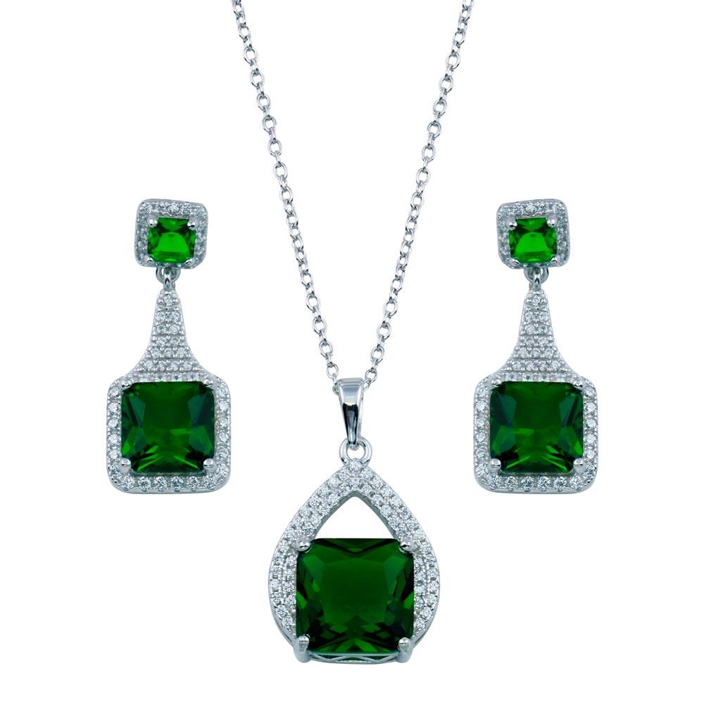 Rhodium Plated 925 Sterling Silver Teardrop Pendant Square Earring Green CZ Set - BGS00608