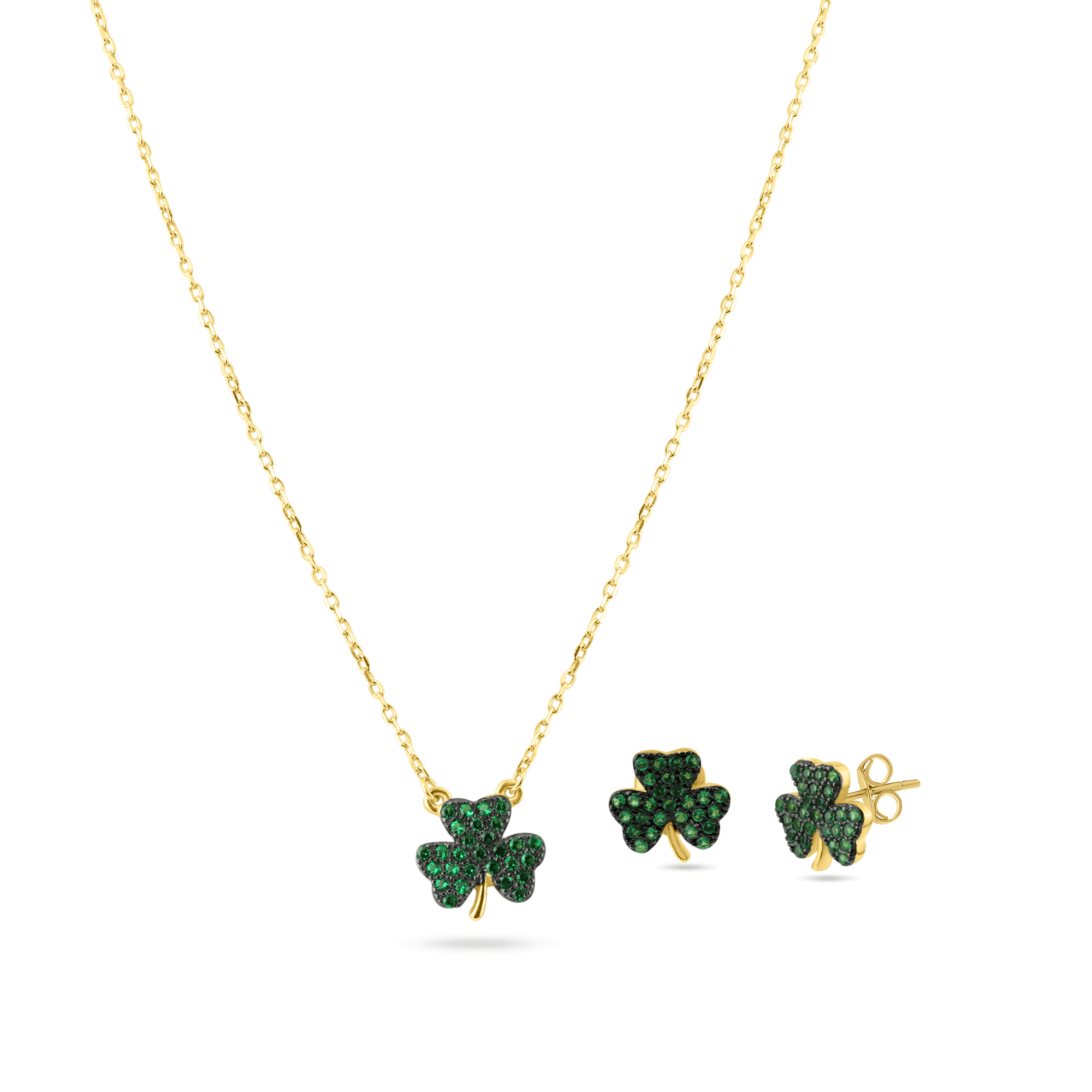 Gold Plated 925 Sterling Silver Mini Green Clover Set with CZ - BGS00610