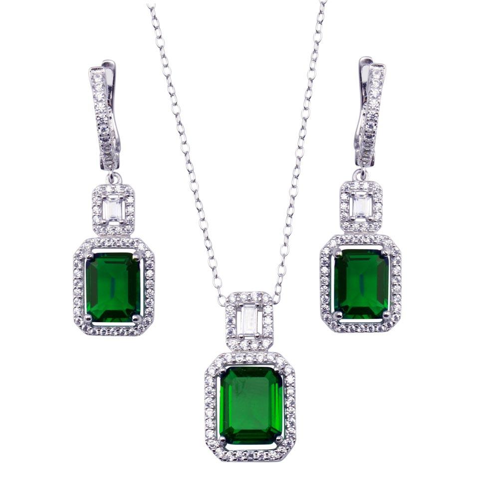 Rhodium Plated 925 Sterling Silver Square Emerald Center CZ Stone Set - BGS00612