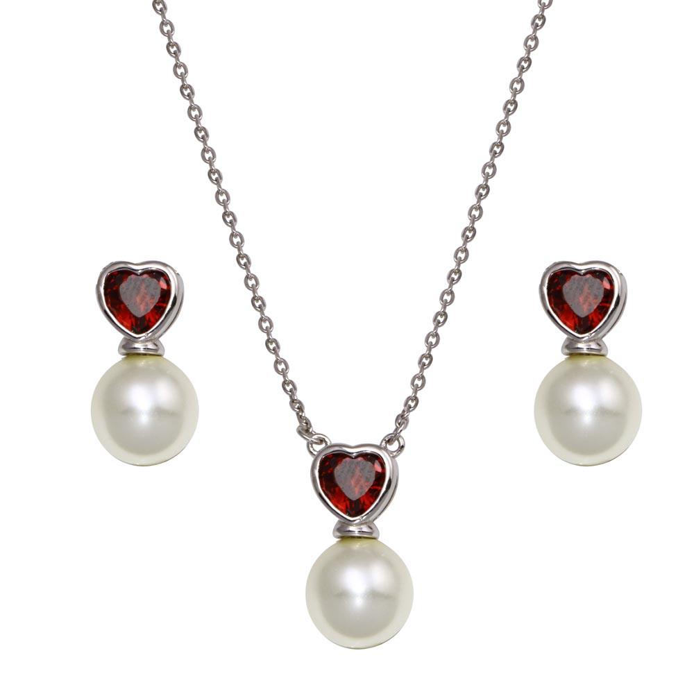 Rhodium Plated 925 Sterling Silver Red CZ Heart Dangling Pearl Set - BGS00613