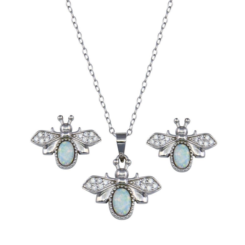 Rhodium Plated 925 Sterling Silver Opal and Clear Bumblebee Earring and Pendant Set - BGS00617