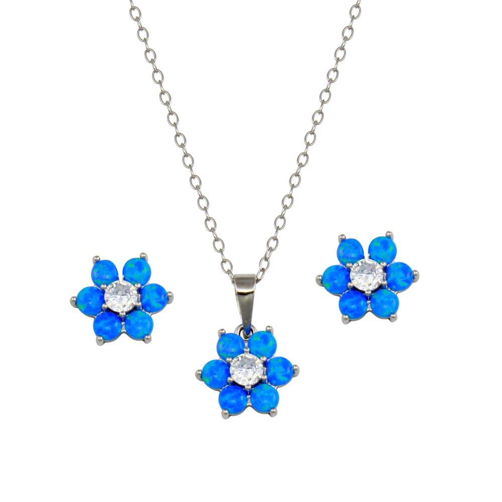 Rhodium Plated 925 Sterling Silver Blue Opal and Clear CZ Flower Earring and Pendant Set - BGS00618