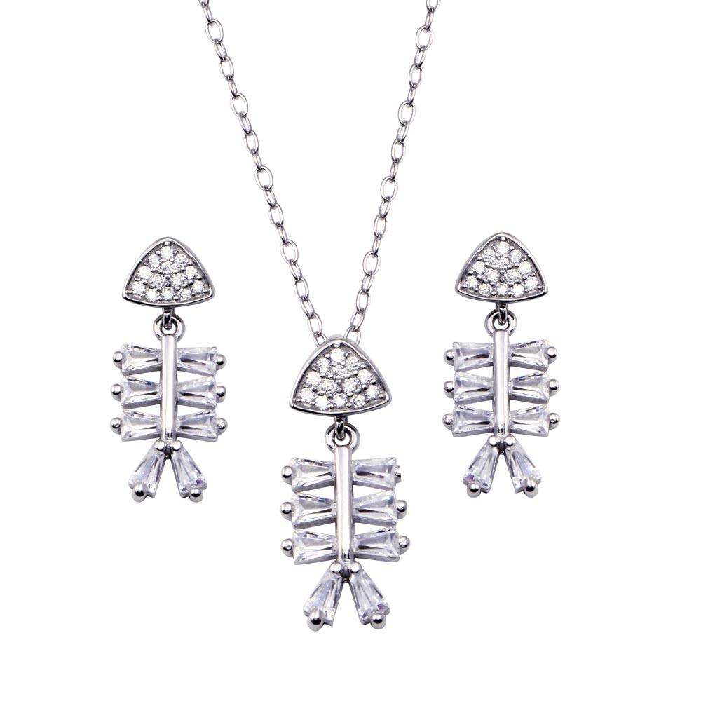 Rhodium Plated 925 Sterling Silver Fishbone Baguette Clear CZ Earring and Pendant Set - BGS00619