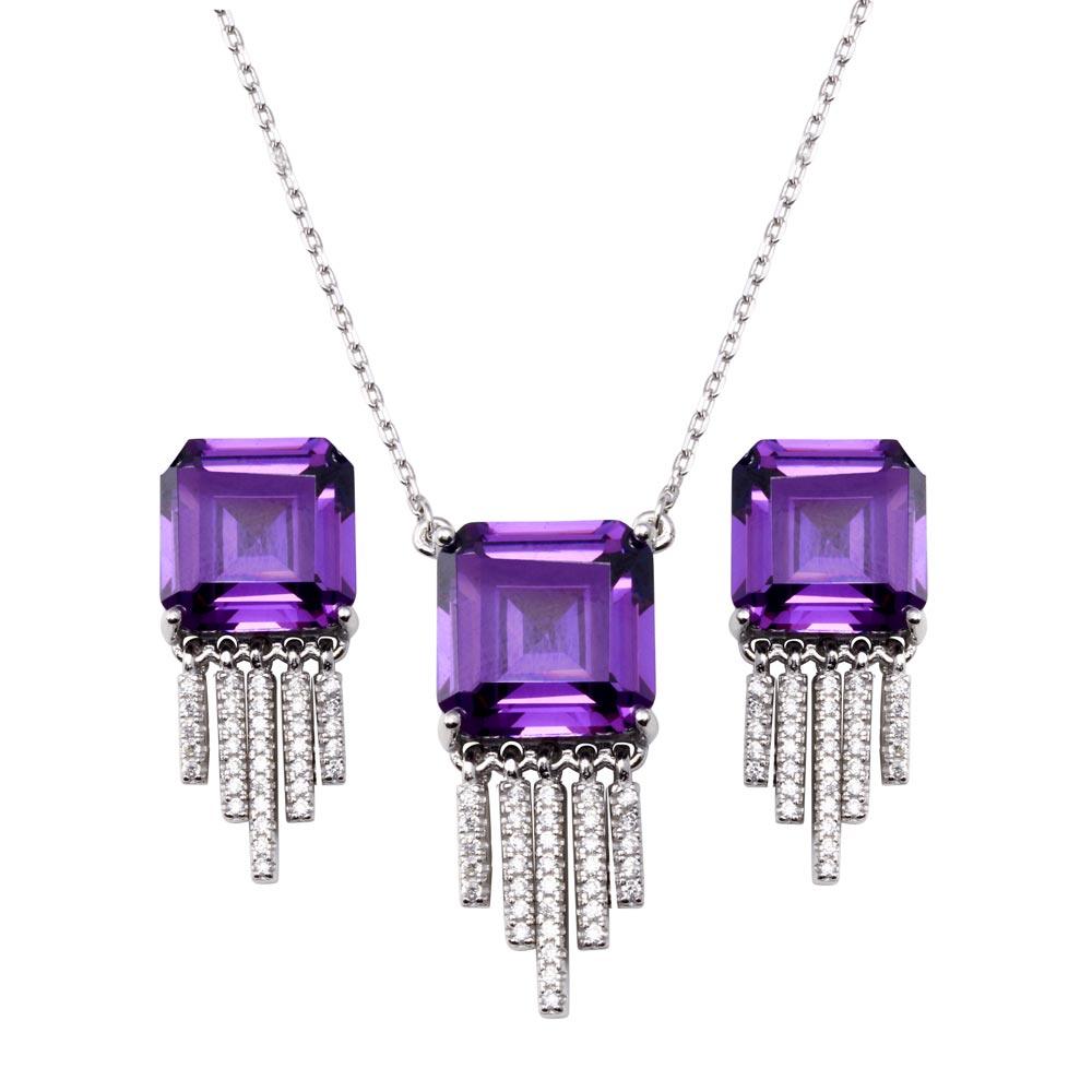 Rhodium Plated 925 Sterling Silver Square Halo Amethyst Dangling Clear CZ Earring and Pendant Set - BGS00620