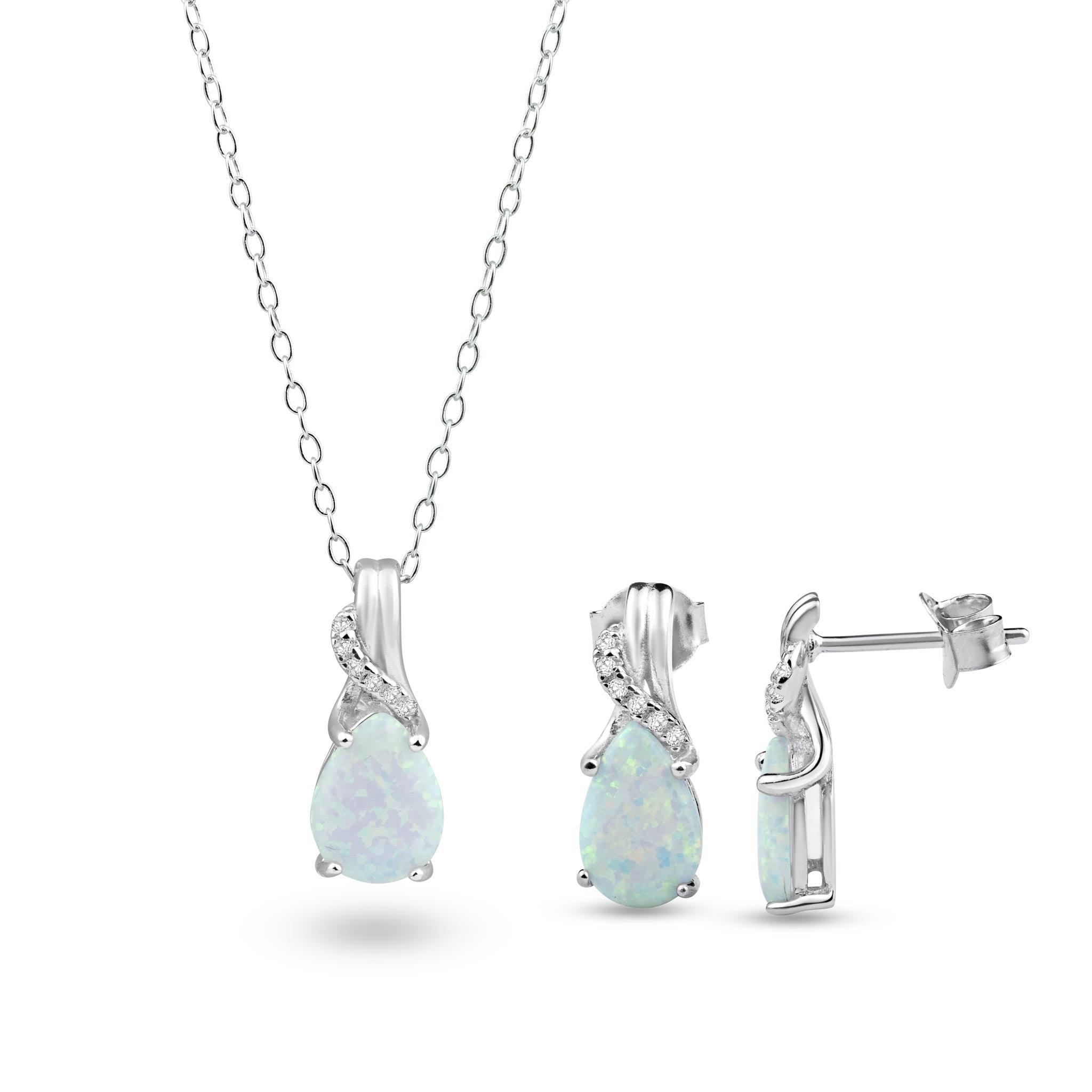 Rhodium Plated 925 Sterling Silver Teardrop Opal and Clear CZ Earring and Pendant Set - BGS00621