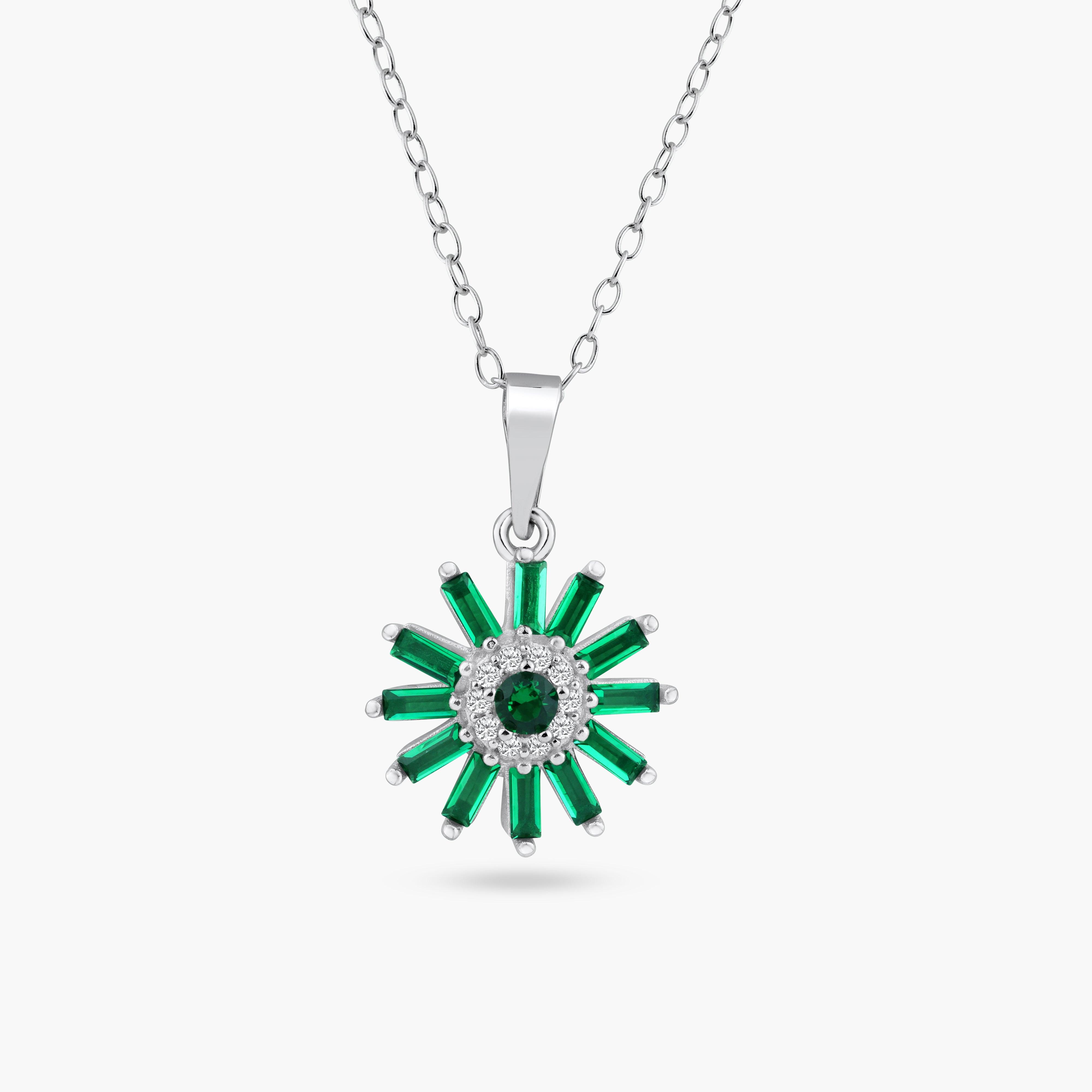 Rhodium Plated 925 Sterling Silver Green CZ Sunflower CZ Sets - BGS00622GRN