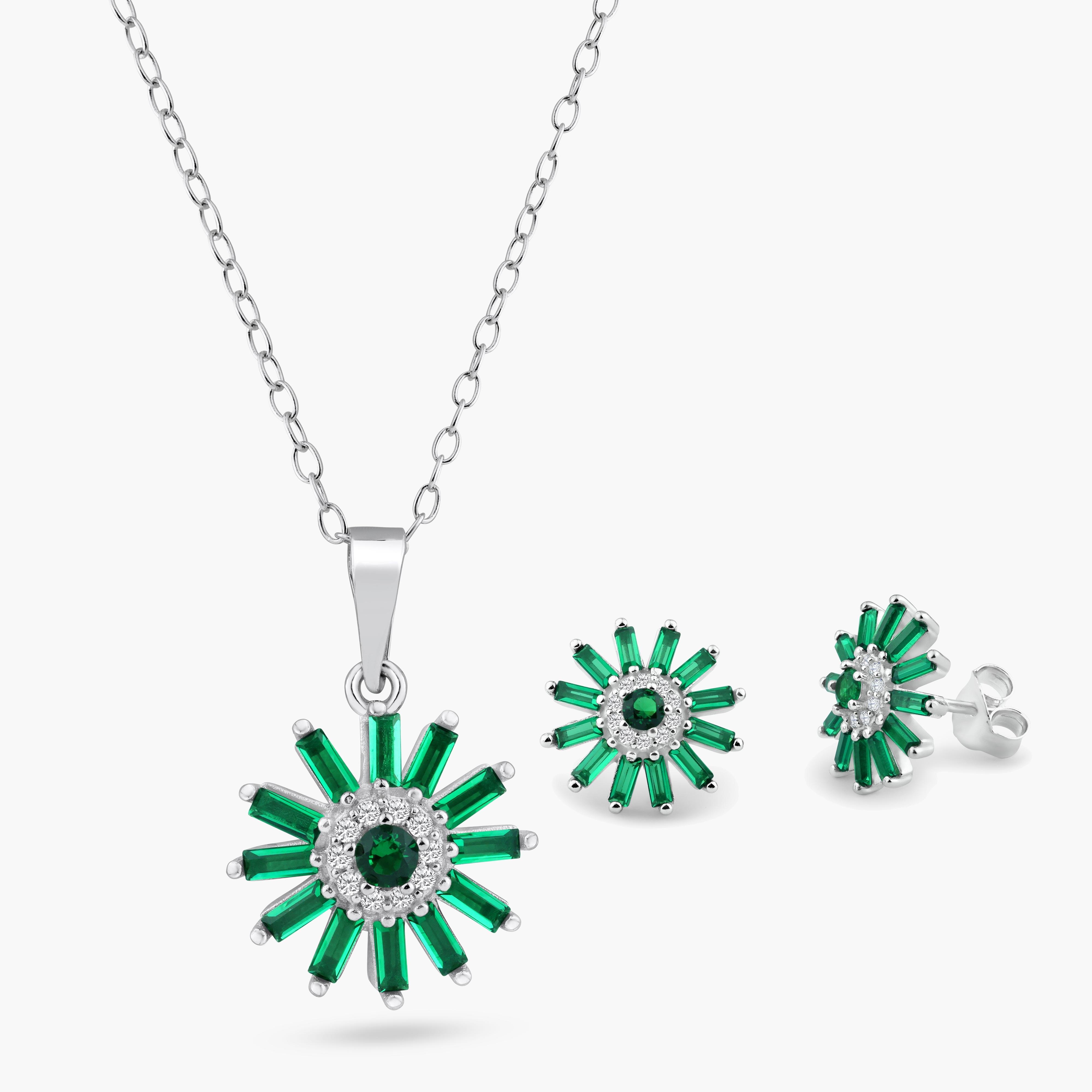 Rhodium Plated 925 Sterling Silver Green CZ Sunflower CZ Sets - BGS00622GRN