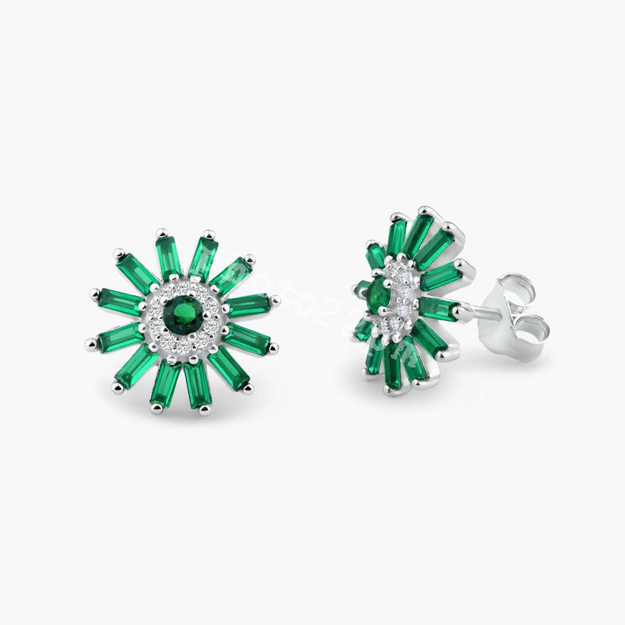 Rhodium Plated 925 Sterling Silver Green CZ Sunflower CZ Sets - BGS00622GRN