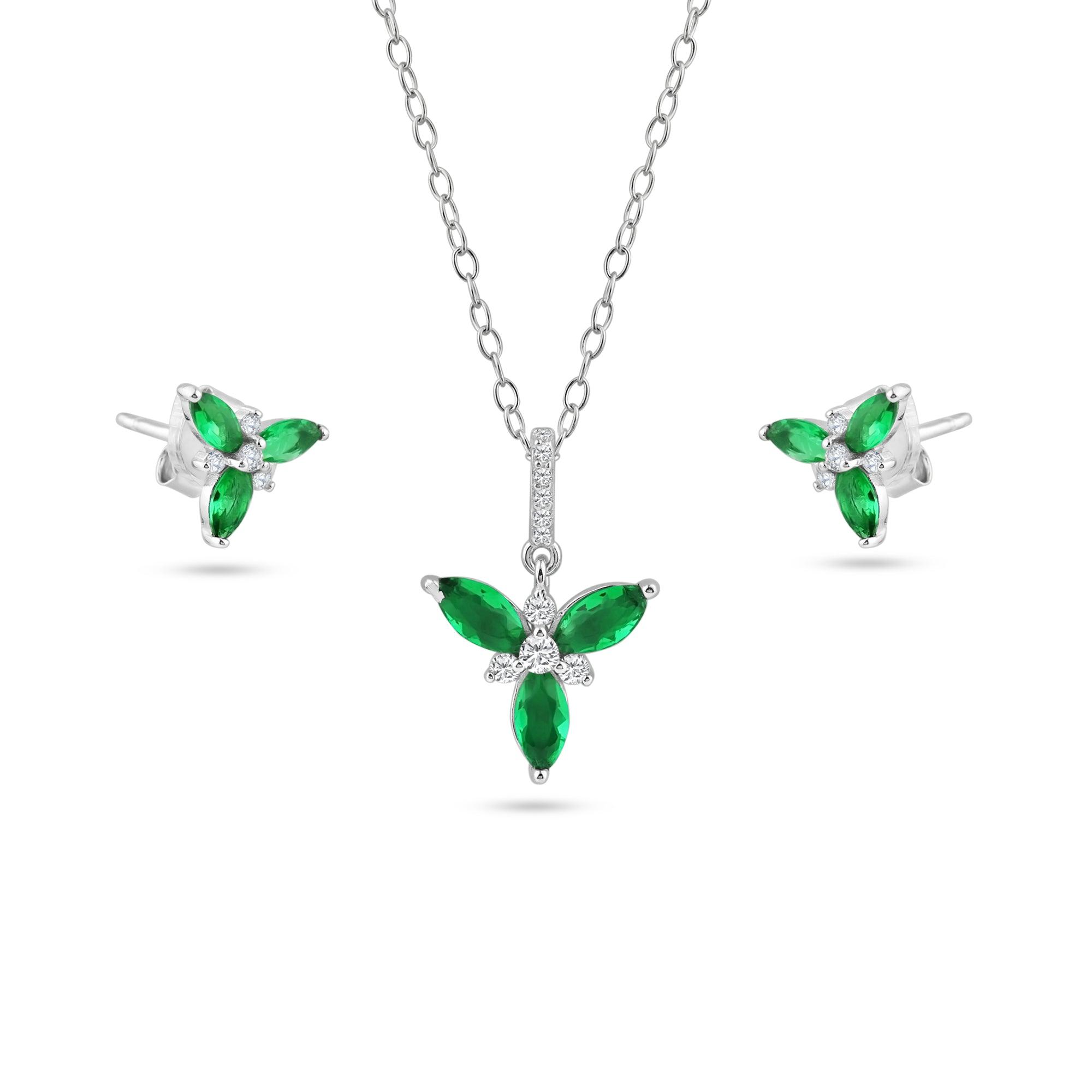 925 Sterling Silver Rhodium Flower Green and Clear CZ Earring and Pendant Set - BGS00624