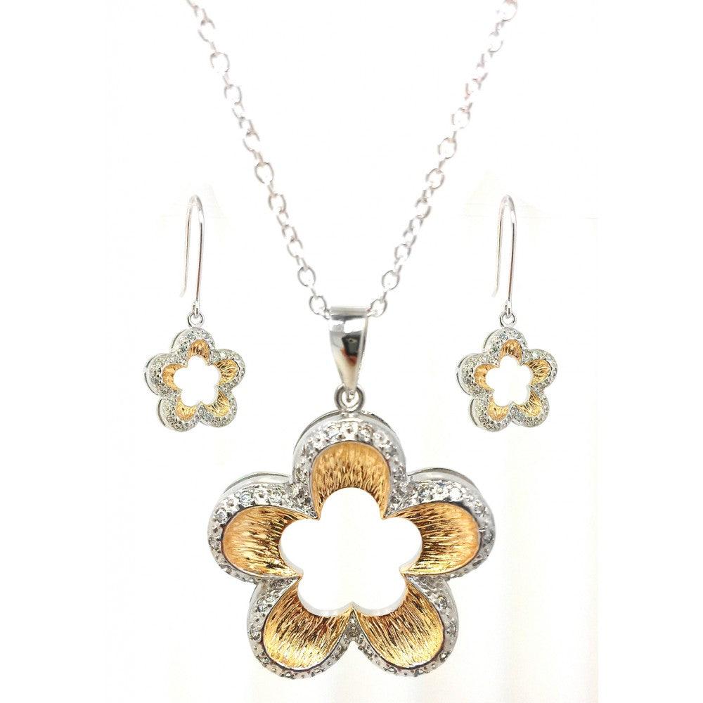 Closeout-Silver 925 Rhodium and Gold Plated Open Flower Clear Border CZ Hook Earring and Dangling Necklace Set - BGS00100