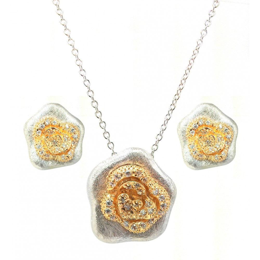 Closeout-Silver 925 Rhodium and Gold Plated Flower Clear CZ Stud Earring and Necklace Set - BGS00114