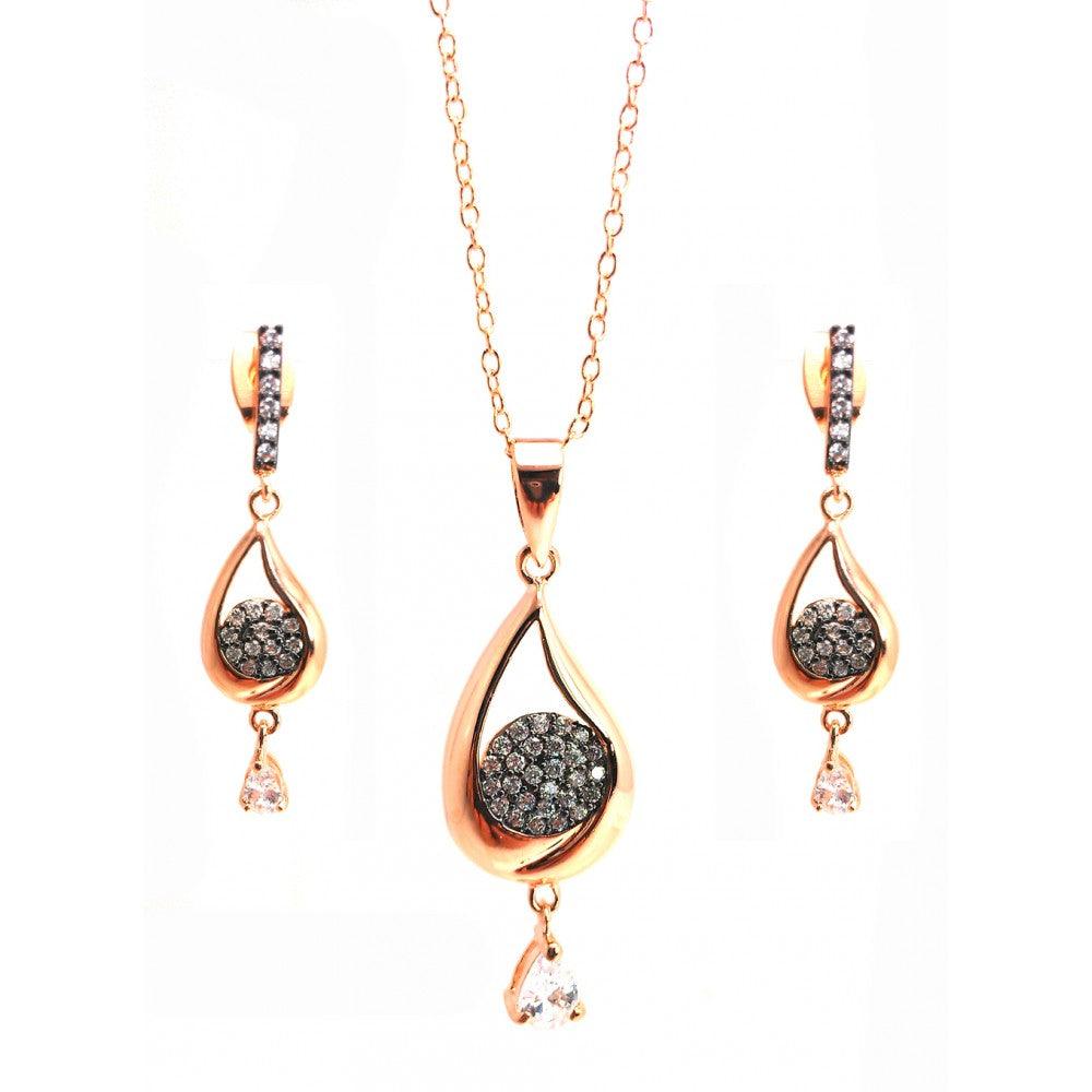 Closeout-Silver 925 Black Rhodium and Gold Plated Clear Open Teardrop CZ Dangling Stud Earring and Dangling Necklace Set - BGS00302