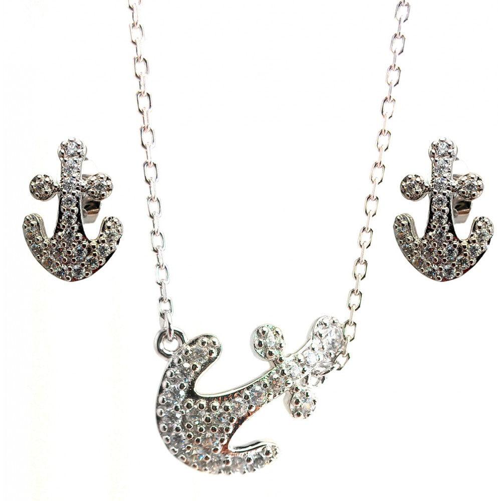 Silver 925 Rhodium Plated Pave Set Clear Anchor CZ Stud Earring and Necklace Set - BGS00307