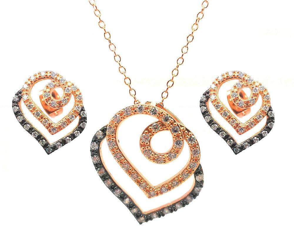 Closeout-Silver 925 Black Rhodium and Gold Plated Open Curl Heart Clear CZ Stud Earring and Necklace Set - BGS00310