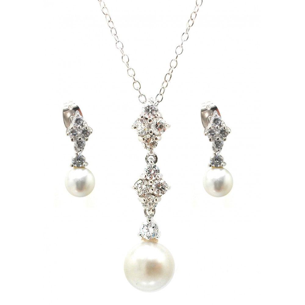 Silver 925 Rhodium Plated Ornate Pearl Clear CZ Stud Dangling Earring and Dangling Necklace Set - BGS00320