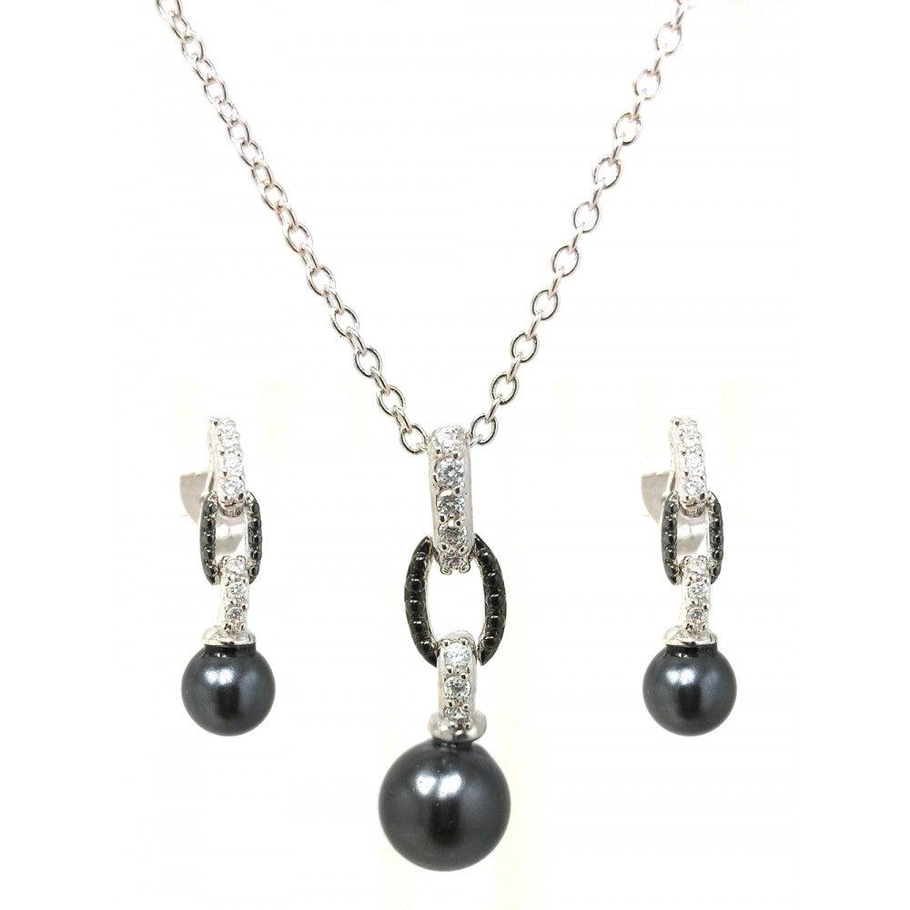 Rhodium Plated 925 Sterling Silver and Black Rhodium Plated Black Pearl Clear CZ Dangling Set - BGS00383BLK