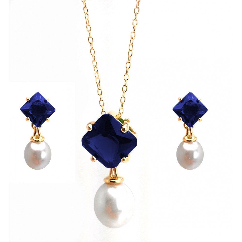 Silver 925 Gold Plated Pearl Drop Diamond Shaped Blue CZ Dangling Stud Earring and Dangling Necklace Set - BGS00432BLU