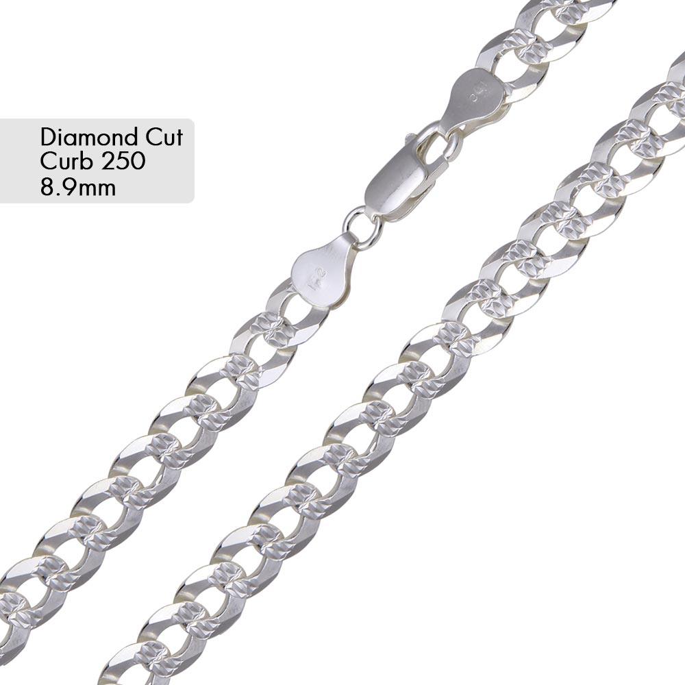 Curb 250 1 Side Diamond Cut 1 Side Plain Chain or Bracelet 8.9mm - CH633