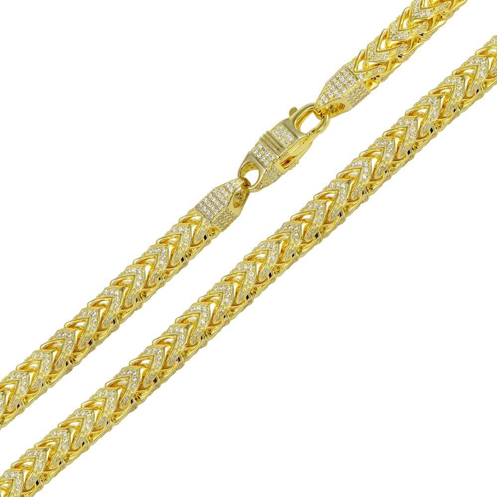 Gold Plated 925 Sterling Silver CZ Encrusted Franco Chain or Bracelet 7mm - CHCZ103 GP