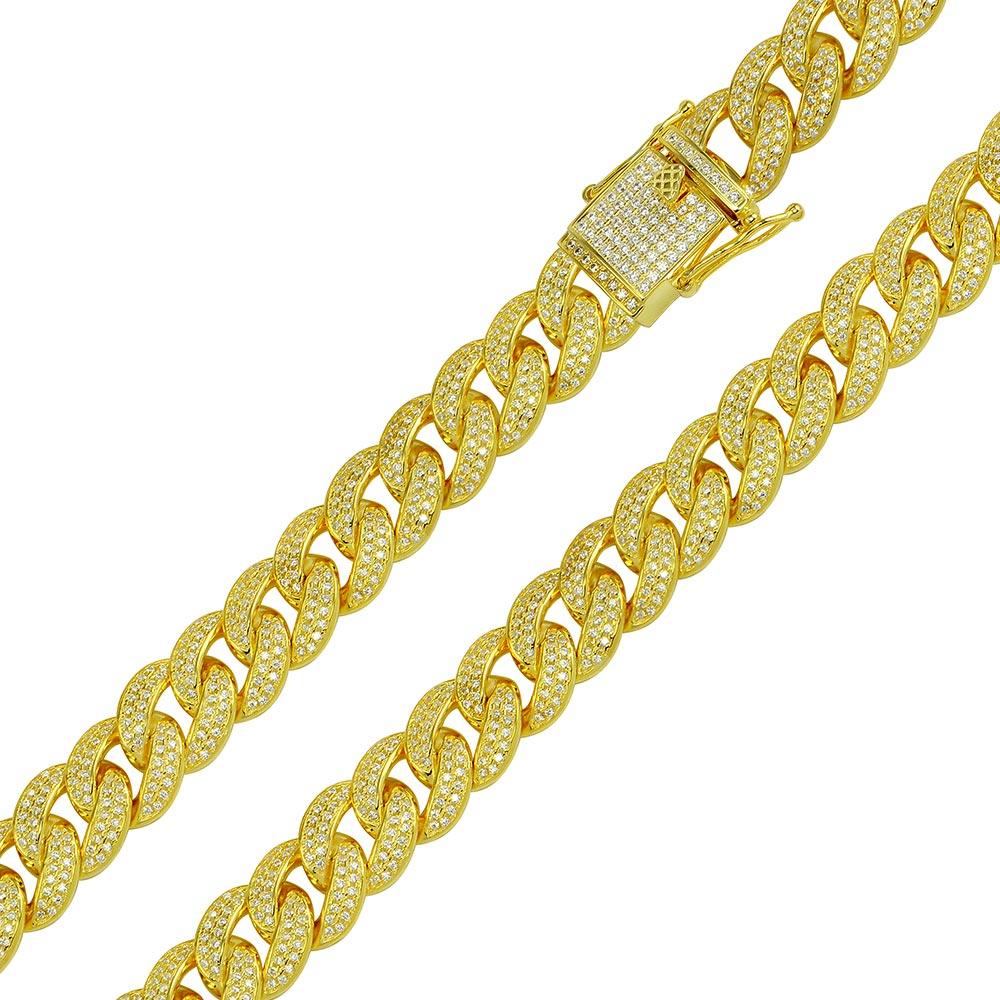 Gold Plated 925 Sterling Silver CZ Encrusted Curb Chain or Bracelet 11.7mm - CHCZ104 GP
