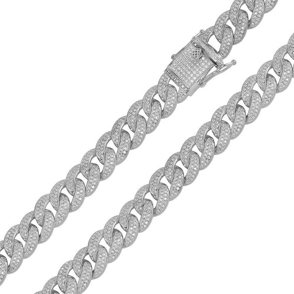 Rhodium Plated 925 Sterling Silver CZ Encrusted Curb Chain or Bracelet 11.7mm - CHCZ104 RH