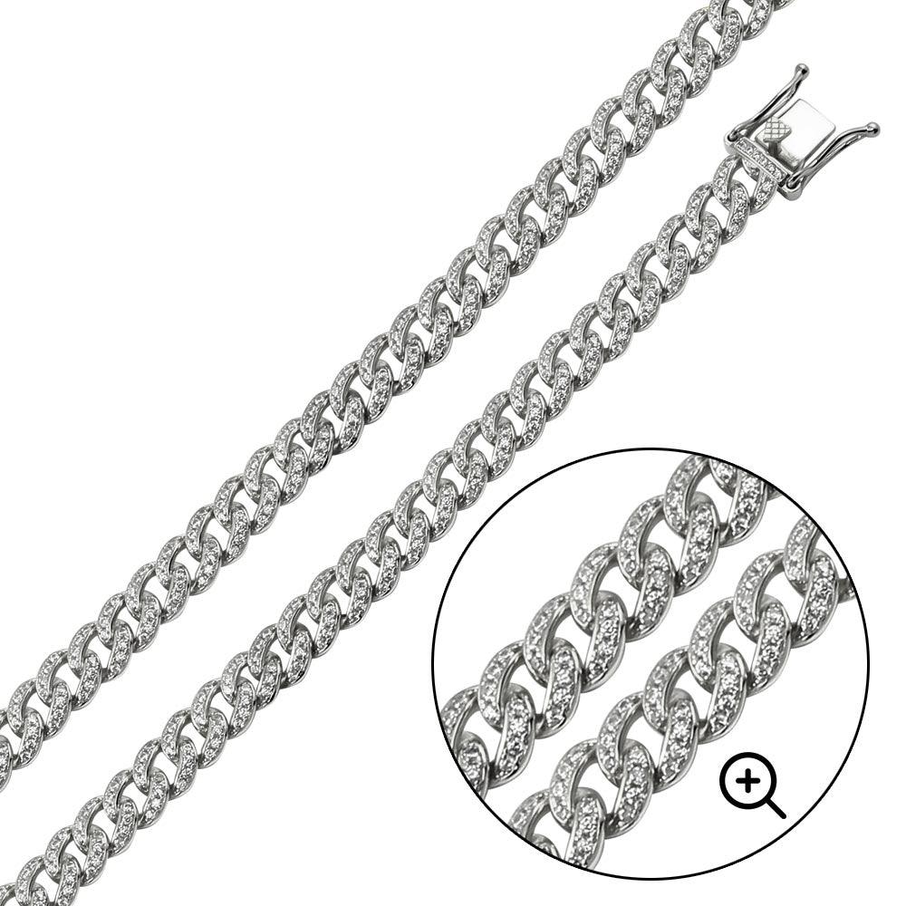 Rhodium Plated 925 Sterling Silver CZ Encrusted Curb Chain or Bracelet 8.9mm - CHCZ105 RH