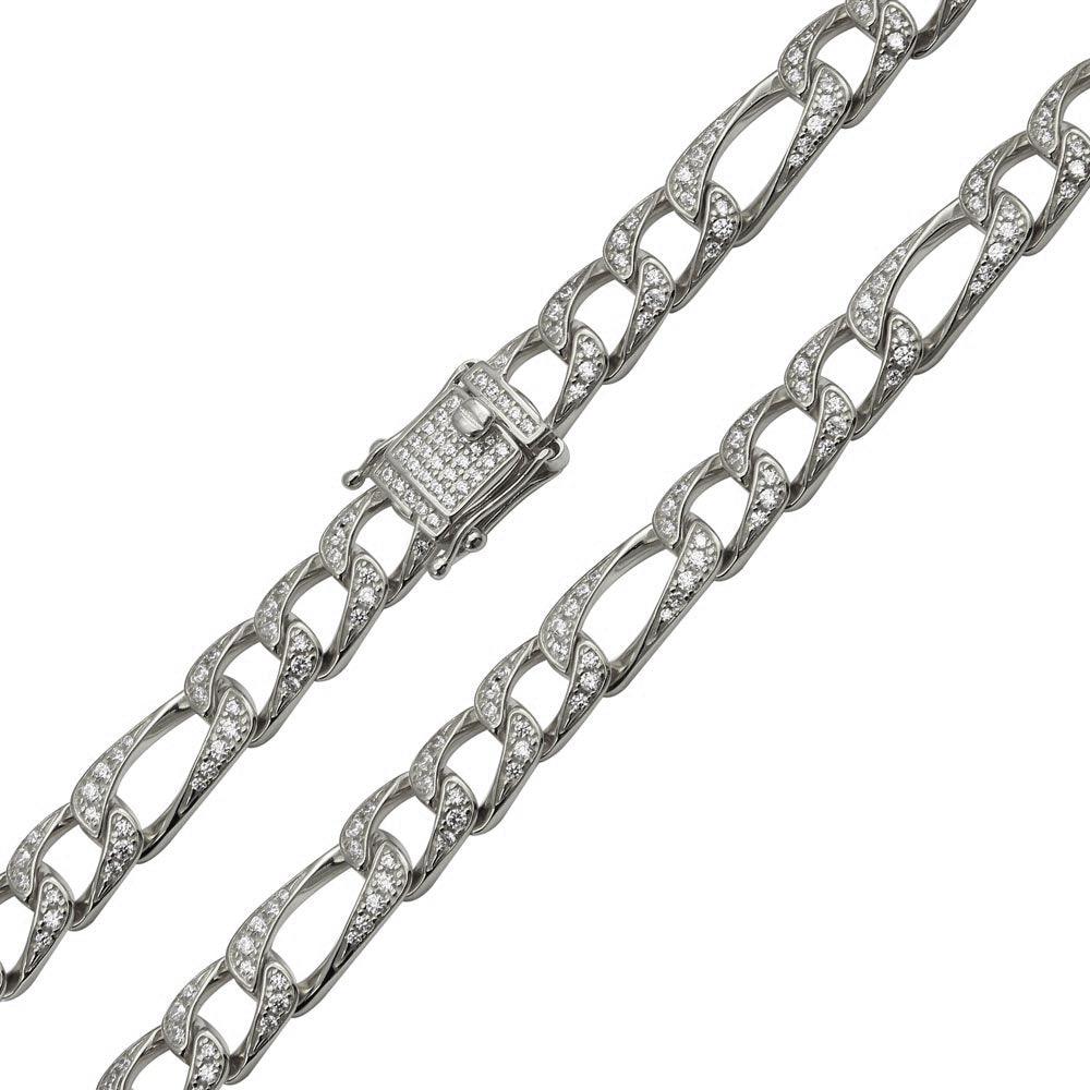 Rhodium Plated 925 Sterling Silver CZ Encrusted Figaro Chains 8.2mm - CHCZ112 RH