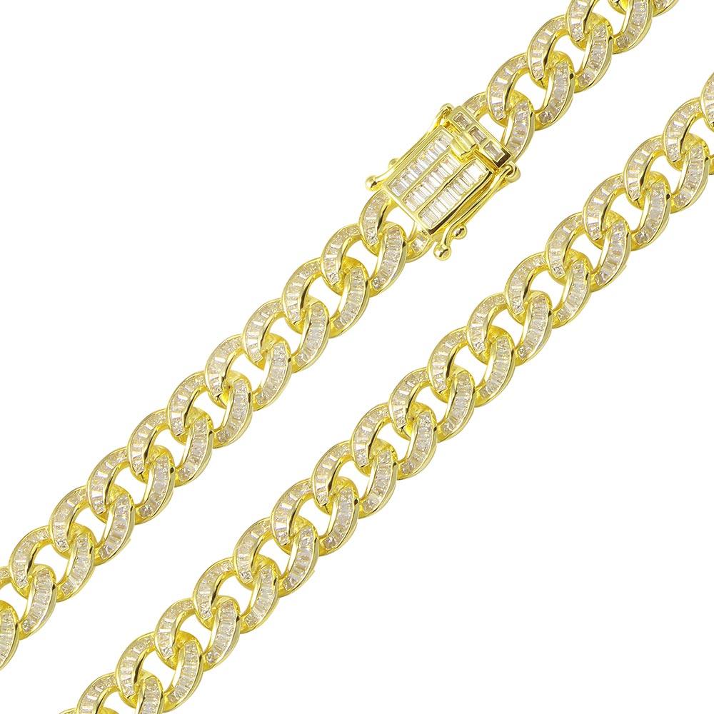 Gold Plated 925 Sterling Silver Baguette CZ Encrusted Curb Chain or Bracelet 10.9mm - CHCZ116 GP