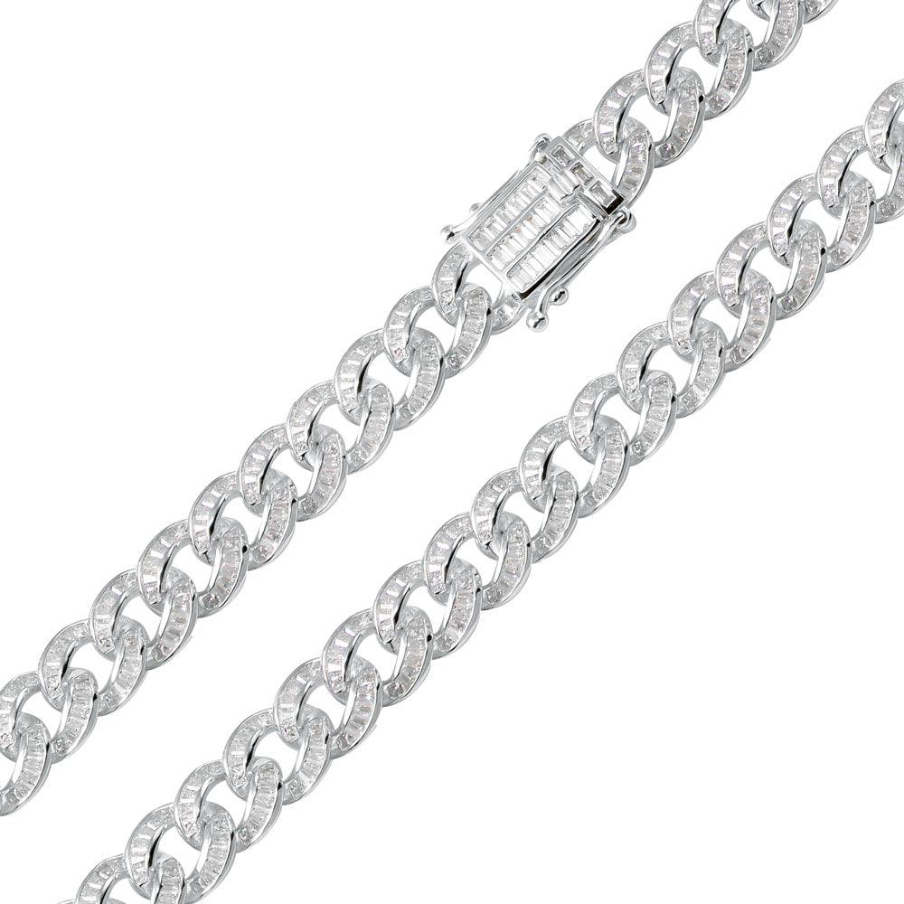 Rhodium Plated 925 Sterling Silver Baguette CZ Encrusted Curb Chain or Bracelet 10.9mm - CHCZ116 RH