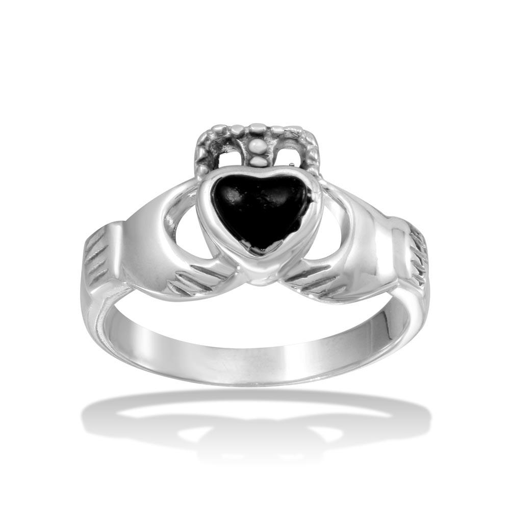 High Polished 925 Sterling Silver Claddagh Ring with Black Heart - CR00734BLK