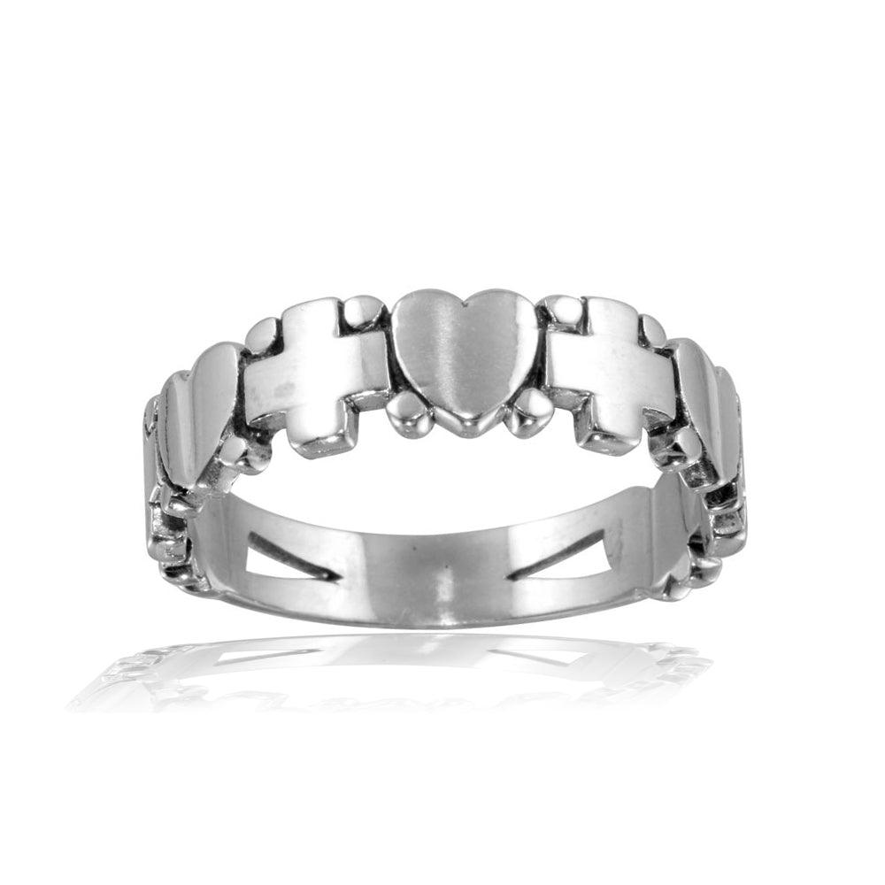 High Polished 925 Sterling Silver Cross and Heart Ring - CR00815