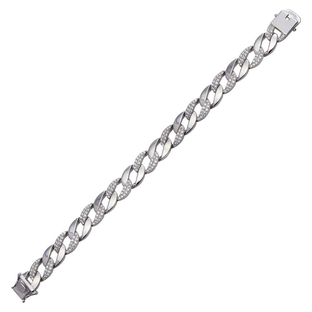 Rhodium Plated 925 Sterling Silver Alternate CZ Round Curb Bracelet  - CSLB00002