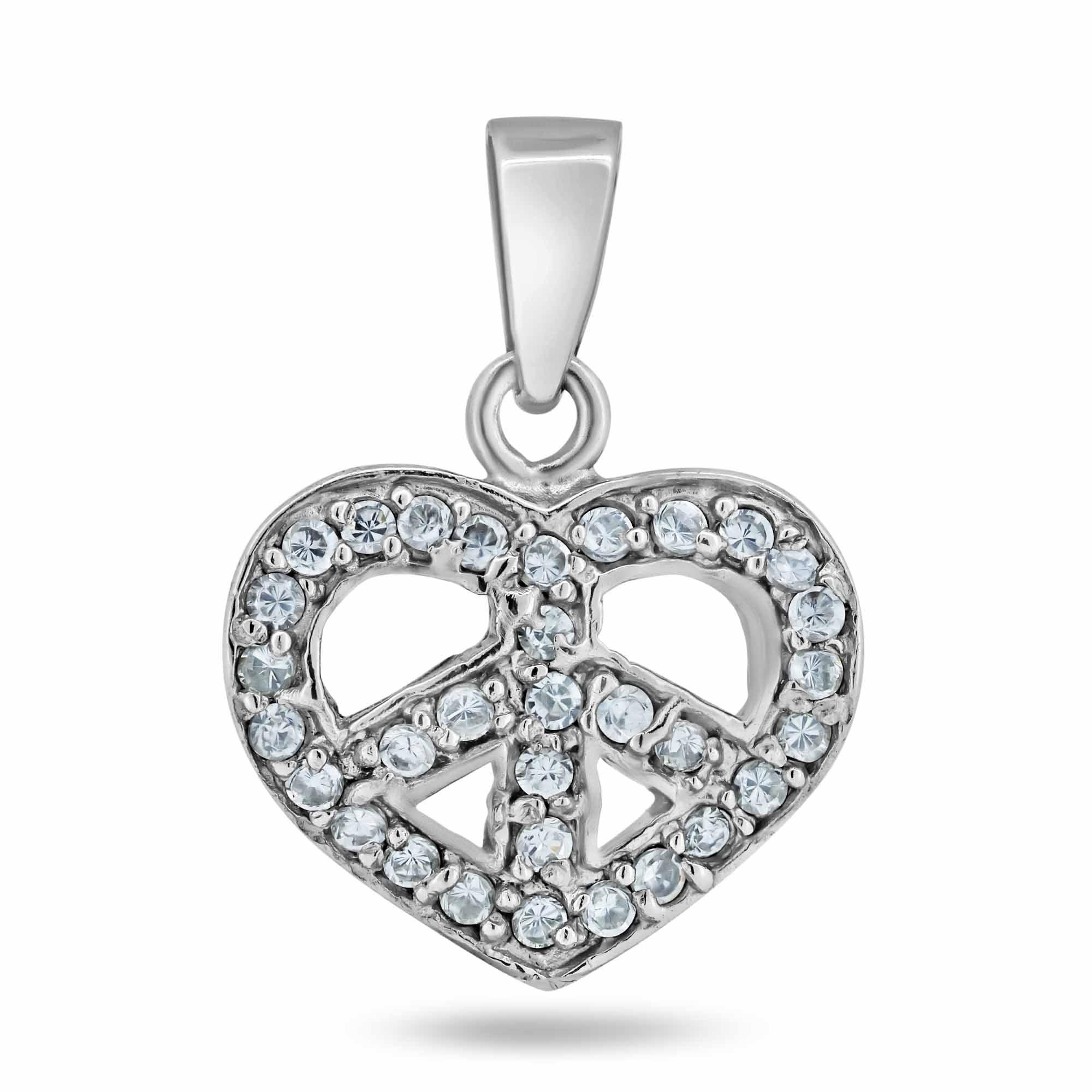 925 Sterling Silver Basic Heart Peace Sign CZ Charm - CHARM0014