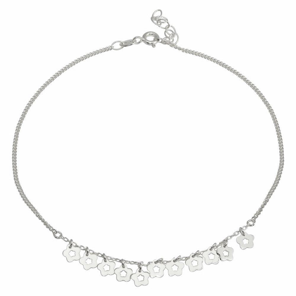 Rhodium Plated 925 Sterling Silver Dangling Flower Anklets - DIA00003RH