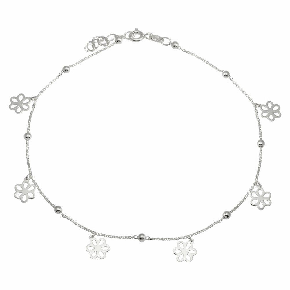 Rhodium Plated 925 Sterling Silver Dangling Flower Anklets - DIA00004RH