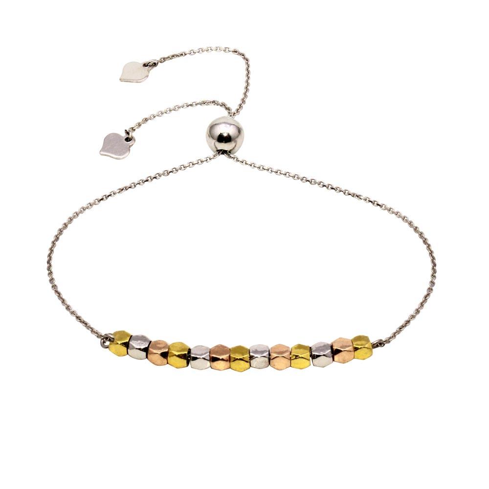 Rhodium Plated 925 Sterling Silver Tri-Color Bead Lariat Bracelet - DIB00051TRI